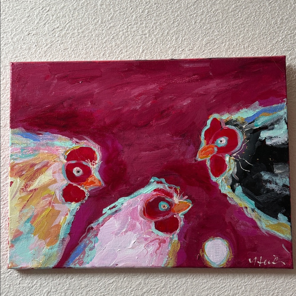 Three Chickens And An Egg””An Acrylic Original Painting 16”x12” On Canvas - Picture 2 of 14